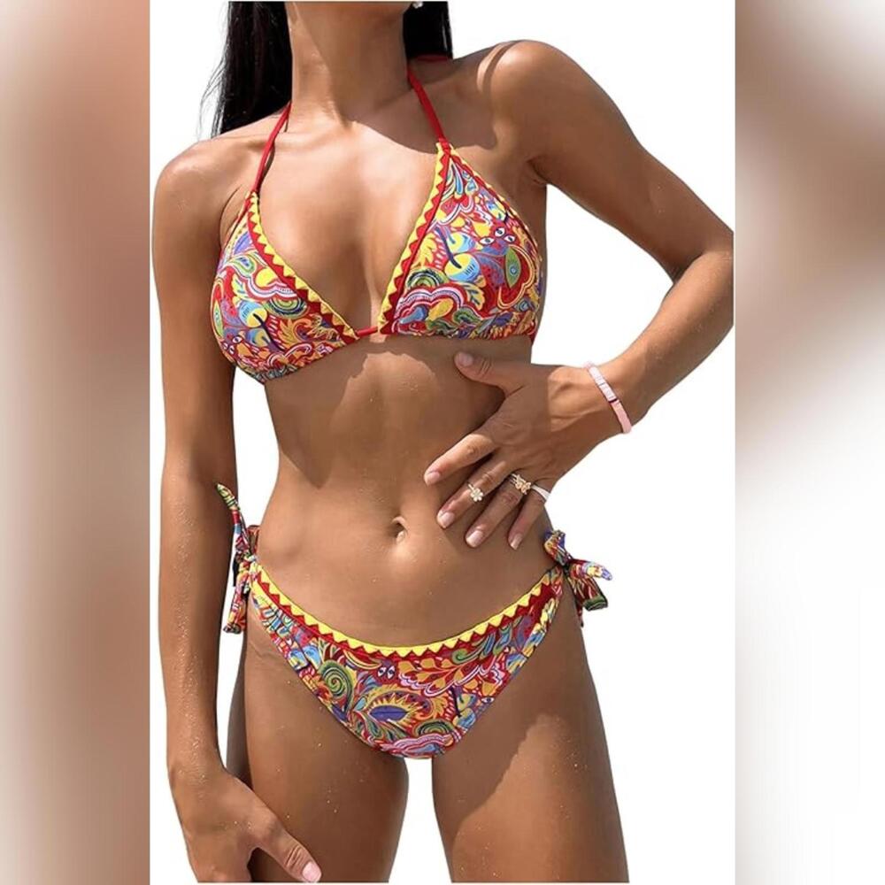 NWOT COZYEASE Two Piece Halter Triangle Allover Boho Bikini Swimsuit, M (8-10)